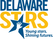 A logo for delaware stars, with the words young stars shining future.