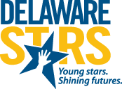 A logo for delaware stars, with the words young stars shining future.