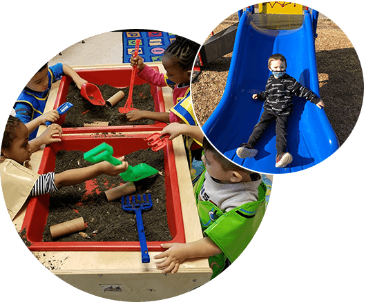 A group of children playing with sand and toys.