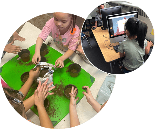 A group of children working on computers and plants.