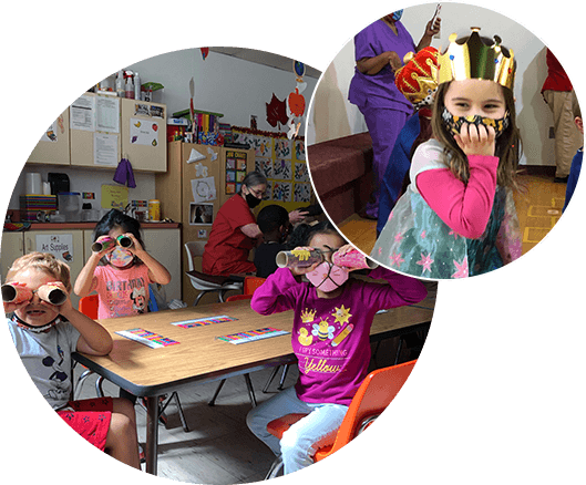 A group of children sitting at tables with masks on their faces.